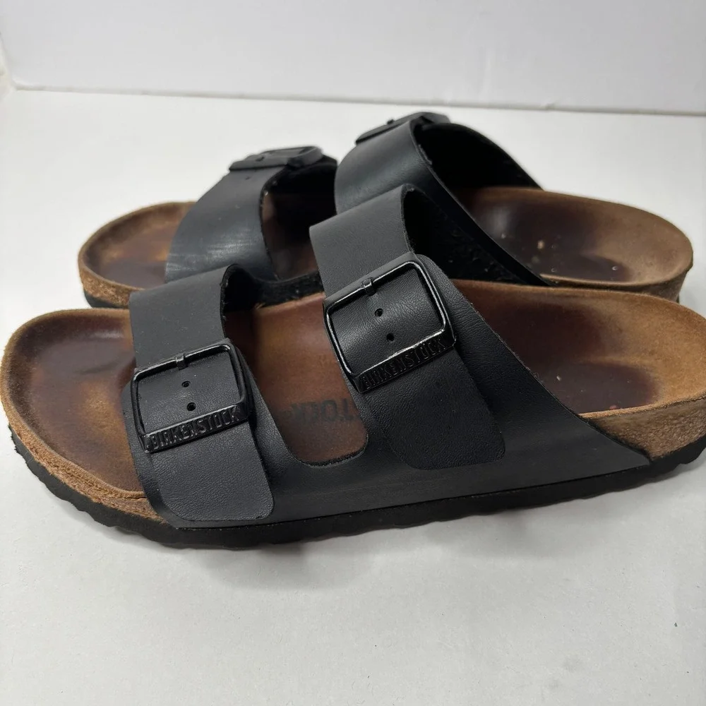 Birkenstock FLAWED Arizona Black Birko-Flor Double Strap Cork Slide Sandals 39 8